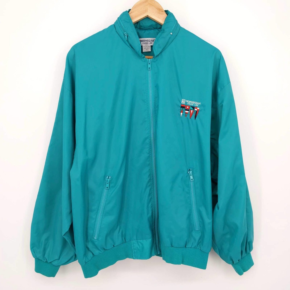 Vintage Norwegian Cruise Line Windbreaker Jacket Hood 90s Light Outdoor Teal S